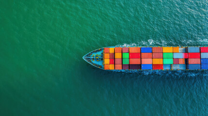 Aerial view of a colorful cargo ship traversing calm turquoise waters, symbolizing trade and global shipping.