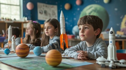 Fototapeta premium A classroom of children learning about space exploration, with models of rockets and planets on their desks.