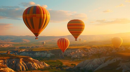 Obraz premium Hot Air Balloons Soaring Over Cappadocia's Unique Rock Formations at Sunset
