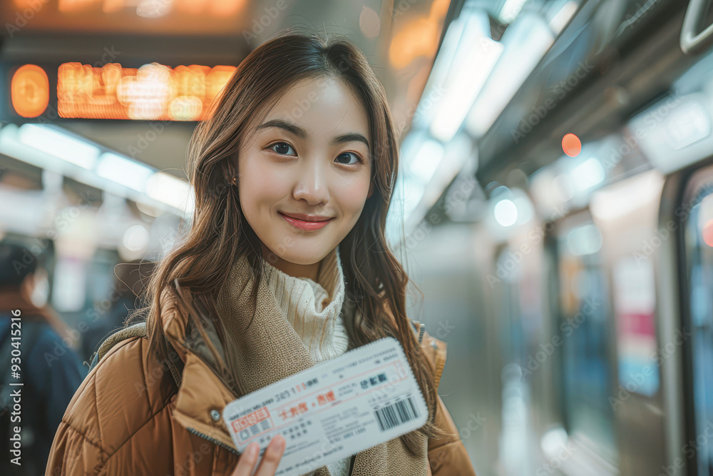 Wall mural Smiling Young Woman Commuting on Subway, Holding Ticket with Cheerful Expression in Bright Indoor Light