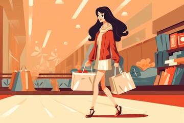 Vector flat style woman shopping cartoon illustration