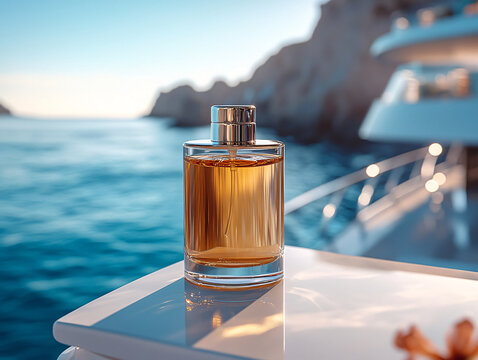 a clear glass perfume with a gold cap, sitting on a white surfboard in the ocean.