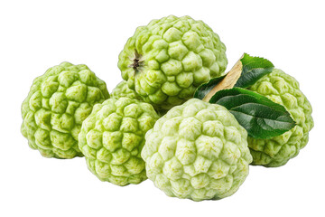 Fototapeta premium Fresh green cherimoya fruits with leaves, showcasing their unique texture and vibrant color, perfect for culinary and health use.