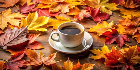 A cup of coffee surrounded by a pile of autumn leaves