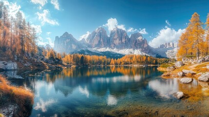 Fantastic sunny day on the lake Antorno in National Park Tre Cime di Lavaredo. Location Dolomiti alps, Province of Belluno, Italy, Europe. Perfect photo wallpapers. Discover the beauty of earth , ai