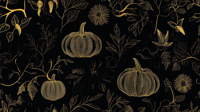 harvest Seamless pattern background with simple pumpkins on a black background. 