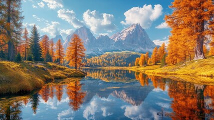 Naklejka premium Fantastic sunny day on the lake Antorno in National Park Tre Cime di Lavaredo. Location Dolomiti alps, Province of Belluno, Italy, Europe. Perfect photo wallpapers. Discover the beauty of earth , ai