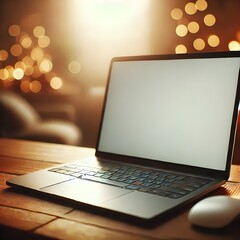 a laptop with a blank screen placed on a wooden table, illuminated by warm ambient lighting with bokeh lights in the background