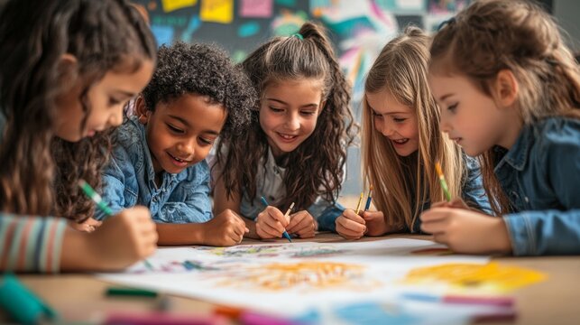 Diverse group of children drawing and sharing ideas about what they want to be when they grow up.