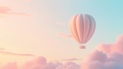 Obraz premium A serene hot air balloon floats in a pastel sky, surrounded by fluffy clouds.