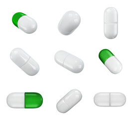 Medicine capsule pills. Pharmaceutical 3D capsules, prescription drugs and medical treatment. Isolated glossy medical pill, medication realistic tablet close up vector illustration set