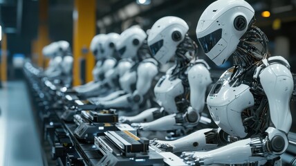 Fototapeta premium Robotic assembly line, symbolizing automation in the new economy