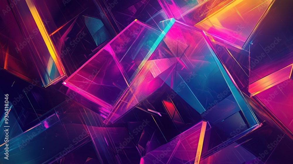 Fototapete abstract illustration of geometric shapes and structures in colorful neon colors and lights in cyber