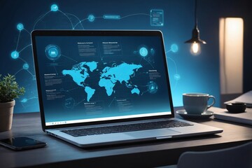 Laptop with world map and blue icons on screen on desk