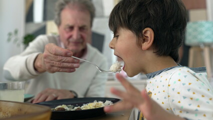 Elderly man helping a young boy eat with a spoon, close-up of the interaction during a meal in a home setting, focusing on care and nurturing across generations, in a loving family environment