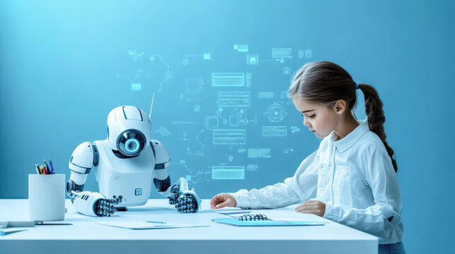 A child interacts with a friendly robot, exploring technology and learning together in a futuristic environment.