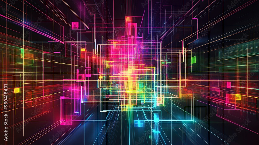 Poster Abstract illustration of geometric shapes and structures in colorful neon colors and lights in cyberspace against dark background. copy space for text.