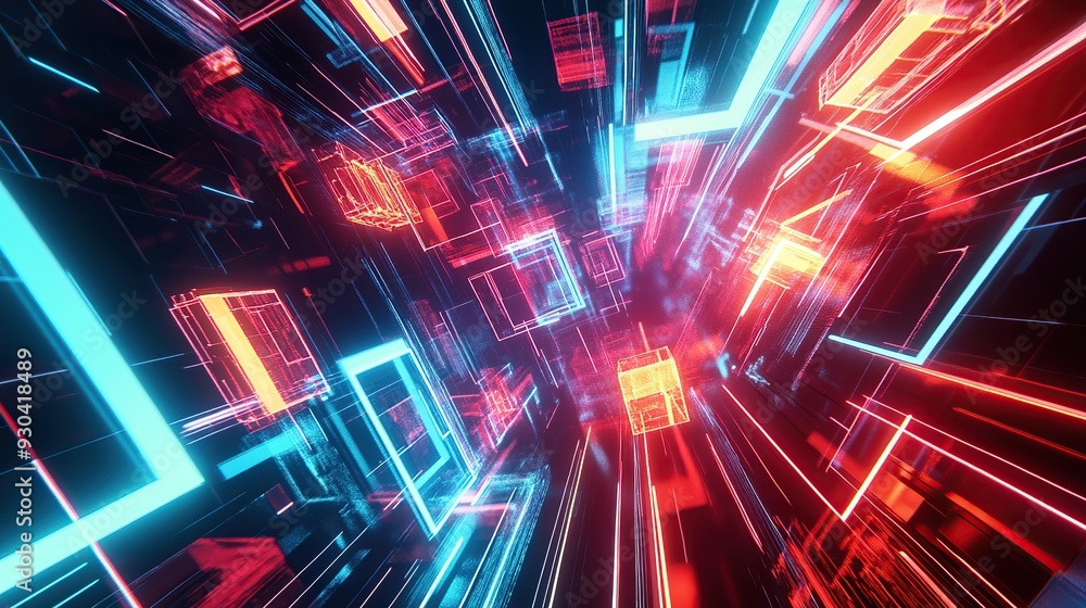 Fototapete abstract illustration of geometric shapes and structures in colorful neon colors and lights in cyber