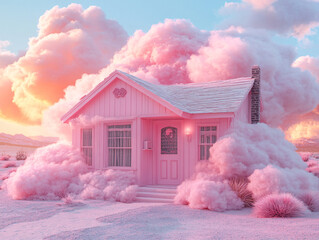 a pink house with a blue sky background and a red cloud above it. The house is made of pink bubbles.