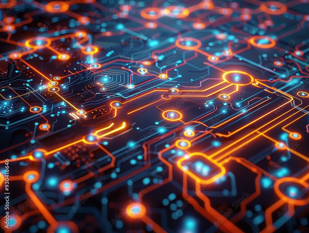 Poster dynamic close-up view of a vibrant circuit board showcasing blue and orange light patterns, ideal fo