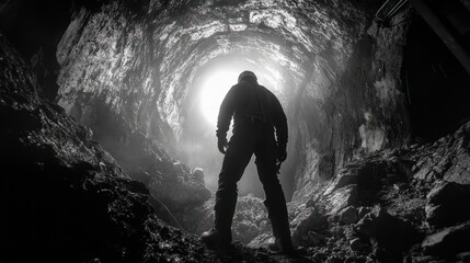 Fototapeta premium Miner standing at the entrance of an underground mine, ready to descend, representing the challenges of mining.
