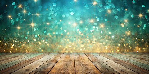 Wooden floor with turquoise and gold bokeh lights and stars backdrop for a dreamy and elegant ambiance
