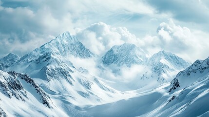Fototapeta premium Amazing landscape of massive snowy mountains with high peaks under cloudy sky. copy space for text.