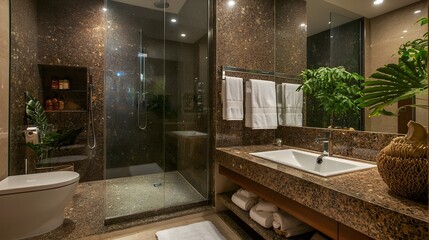 Fototapeta premium Pristine and Polished Bathroom with Gleaming Glass Shower and Granite Flooring