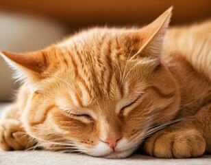 a relaxed ginger cat sleeping in a funny position with copy space around it and suitable for wallpaper or lock screen. Ai generated image.