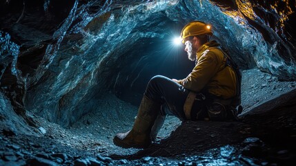 Miner taking a reak underground, seated on a rock with a headlamp illuminating the dark tunnel.