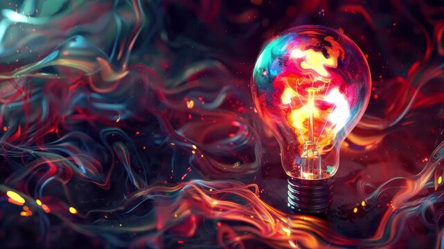 Video animation of colorful glowing light bulb lamp, visualization of brainstorming, bright idea and creative thinking and imagination, finding solution concept background