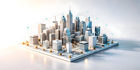 3D AI Powered Smart City Vector - Digital Connections and Network Patterns in Minimalistic Abstract Design on White Background