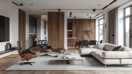 Obraz premium Serene Elegance in Minimalist Luxury Loft Apartment with Abundant Natural Light