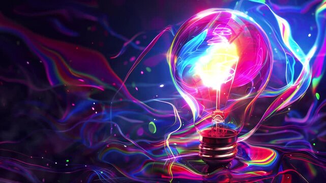 Video animation of colorful glowing light bulb lamp, visualization of brainstorming, bright idea and creative thinking and imagination, finding solution concept background