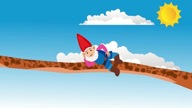 Gnome laying on the tree trun sky with clouds on background