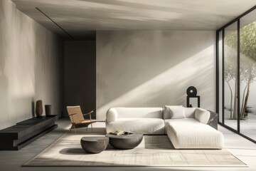 Contemporary Minimalist Living Room Interior with Sleek Furniture and Natural Lighting for Home Decor and Interior Design Promotion