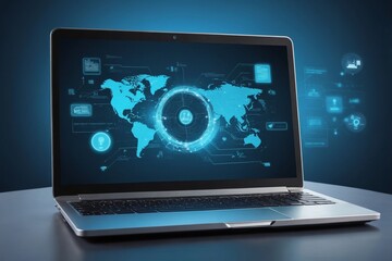 Laptop with world map and digital interface on screen