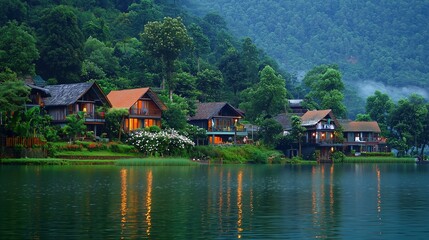 Fototapeta premium Scenic view of serene lakeside cottages surrounded by lush greenery and forested mountains on a misty morning.