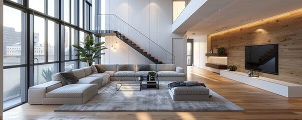 Fototapeta premium Serene Elegance: Loft-Style Luxury Apartment with Minimalist Interior and Abundant Natural Light