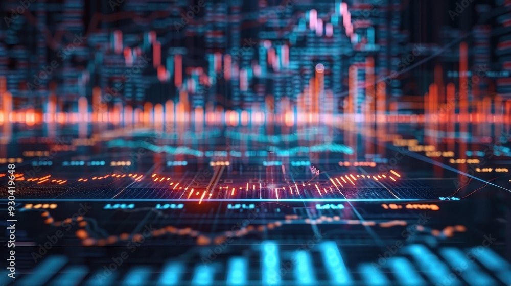 Poster dynamic financial data visualization with vibrant graphs and charts representing market trends and a