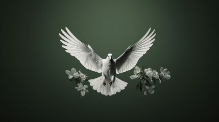 Fototapeta premium Artistic black-and-white shot of a flying dove, green background, hyper-realistic style
