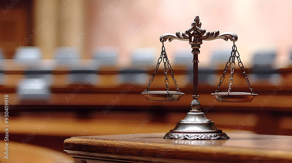 Poster authoritative courtroom setting with judge's bench and scales of justice