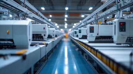 Modern textile factory with rows of automated sewing machines, highlighting innovation in mass garment production.