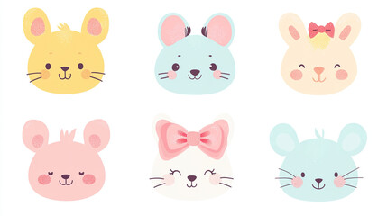 Fototapeta premium Set of cute kawai animal faces with pastel color palette