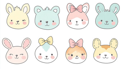 Set of cute kawai animal faces with pastel color palette