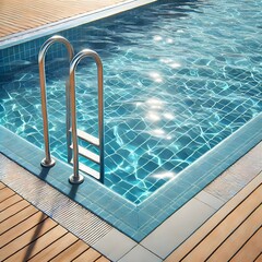 a close-up view of a swimming pool with sparkling blue water, focusing on a metal pool ladder and the surrounding wooden deck