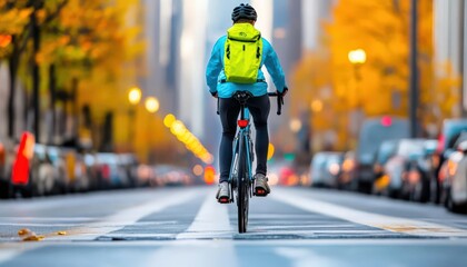 Obraz premium A cyclist rides through a vibrant city street adorned with autumn leaves, showcasing urban life and outdoor adventure.