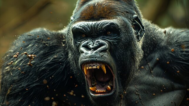 Large or big silverback black gorilla, angry powerful animal roaring in jungle wildlife nature. Strong beast screaming, aggressive, teeth, King Kong