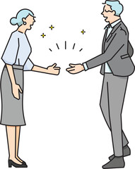 Fototapeta premium Man and woman shaking hands - Negotiation - Contract - Success - Business person male and female, full body, side view - Simple Vector Illustration