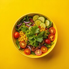Healthy salad bowl, fresh vegetables and greens, top view, bright natural light, appetizing and nutritious